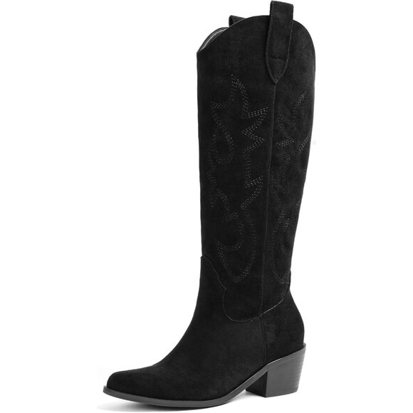 Shoes - Women Polyurethane Black Suede Cowgirl Embroidered Pull-On Knee High Chunky Boot